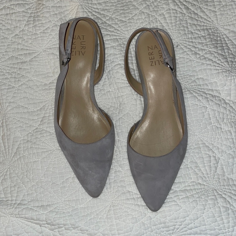 Soft grey suede slingbacks with a low heel